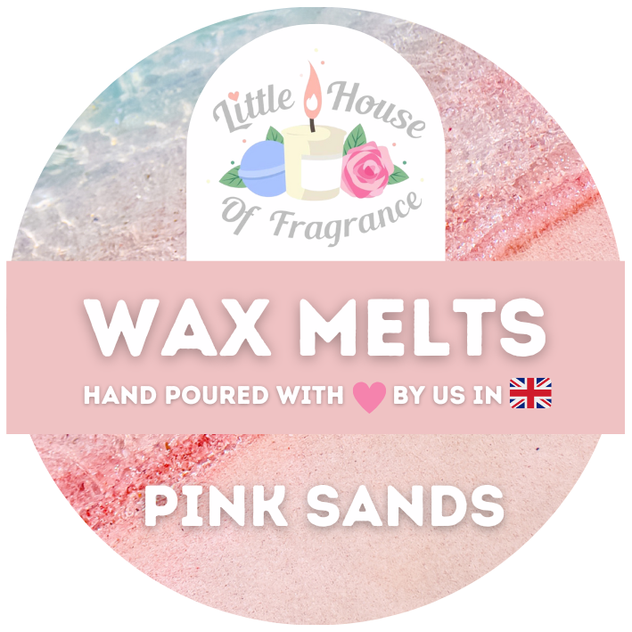 Round label of "Little House of Fragrance" features pastel beach imagery. Text reads: "Wax Melts, hand poured with love by us in the UK. Pink Sands."