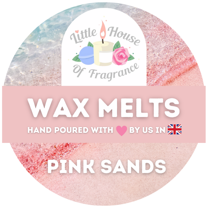 Round label of "Little House of Fragrance" features pastel beach imagery. Text reads: "Wax Melts, hand poured with love by us in the UK. Pink Sands."