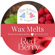 Wax melts packaging with red berries and 'Little House of Fragrance' branding