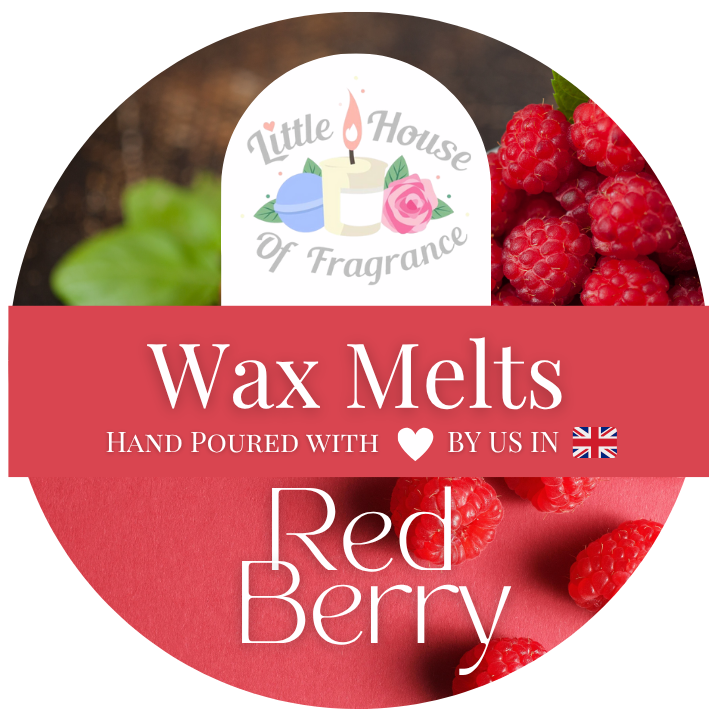 Wax melts packaging with red berries and 'Little House of Fragrance' branding