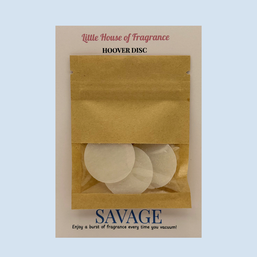 Packaging of Hoover discs labeled 'Savage' from 'Little House of Fragrance' on a light blue background.