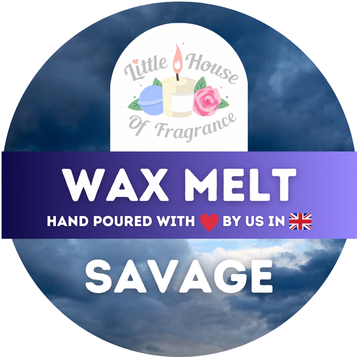 Round label for "Wax Melt Savage" by Little House of Fragrance. Features a candle graphic with flowers, and text “Hand Poured with ❤️ by us in 🇬🇧”. Dark cloudy background.