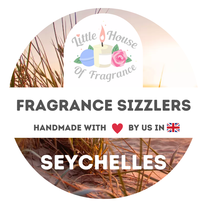 A circular image with a logo reading "Little House of Fragrance" with candles and a rose. Keywords: "Fragrance Sizzlers, Seychelles, Handmade with love in the UK." The background features beach grass against a sunset.