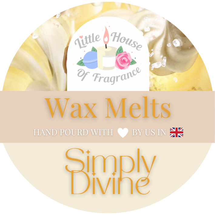 Wax melts packaging with 'Little House of Fragrance' branding and 'Simply Divine' text.