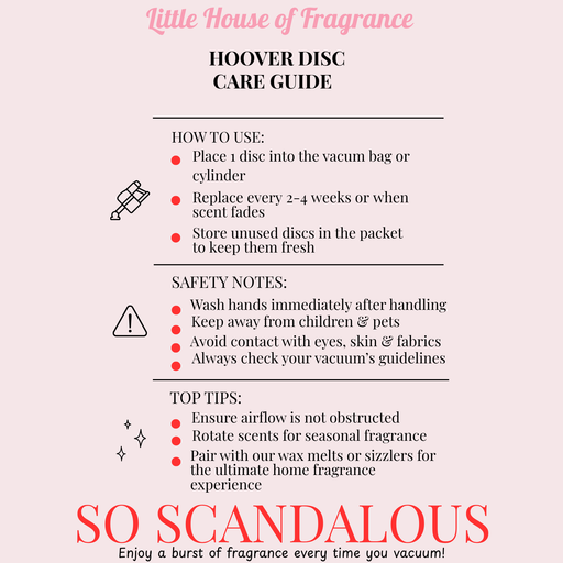 Scented Hoover disc freshener care guide from Little House of Fragrance on a pink background