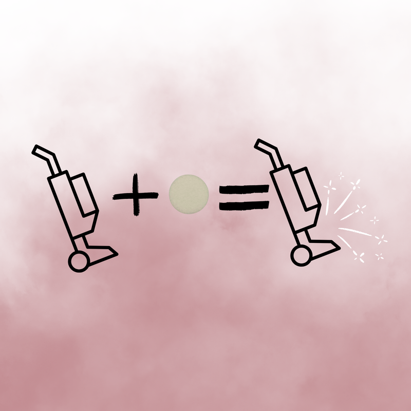 Scented vacuum hoover disc freshener diagram showing how adding a fragrance disc to your vacuum releases a fresh scent during cleaning, displayed on a pink gradient background.