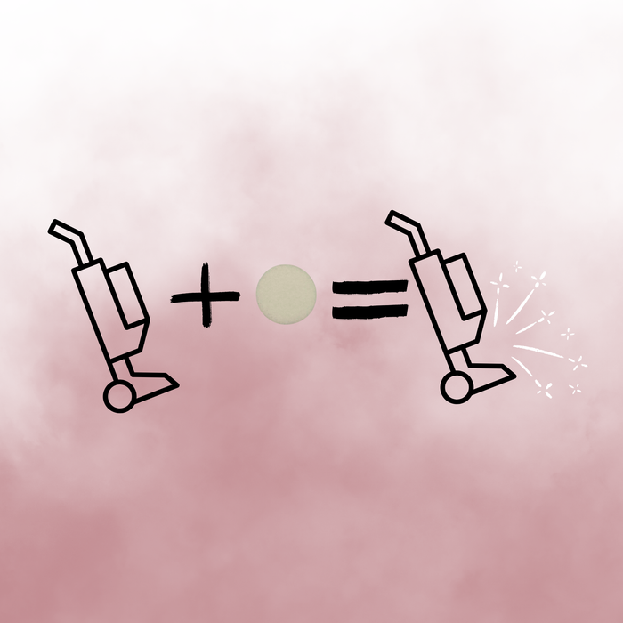 Scented vacuum hoover disc freshener diagram showing how adding a fragrance disc to your vacuum releases a fresh scent during cleaning, displayed on a pink gradient background.