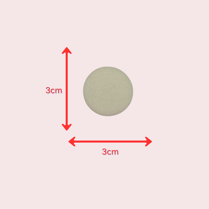 Scented circle Hoover disc freshener with dimensions labeled as 3cm on each side on a light pink background