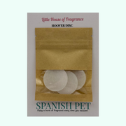 Packaging of Hoover Discs by Little House of Fragrance with 'Spanish Pet' fragrance on a light green background.