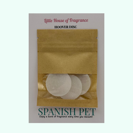 Packaging of Hoover Discs by Little House of Fragrance with 'Spanish Pet' fragrance on a light green background.