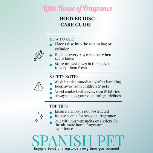 Care guide for Spanish Pet Scented  Hoover Discs by Little House of Fragrance on a light green background