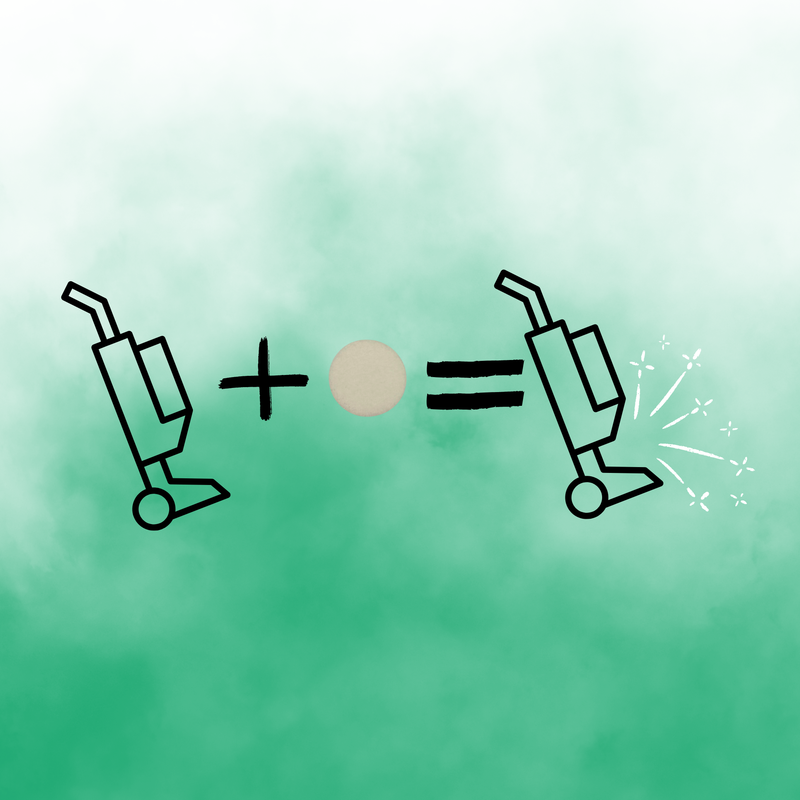 Scented vacuum hoover disc freshener diagram showing how adding a fragrance disc to your vacuum releases a fresh scent during cleaning, displayed on a green gradient background.