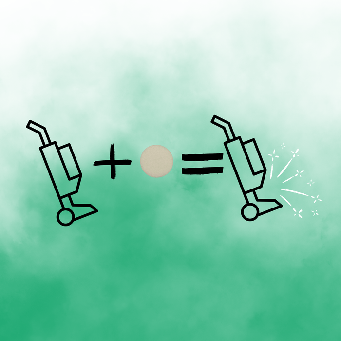 Scented vacuum hoover disc freshener diagram showing how adding a fragrance disc to your vacuum releases a fresh scent during cleaning, displayed on a green gradient background.