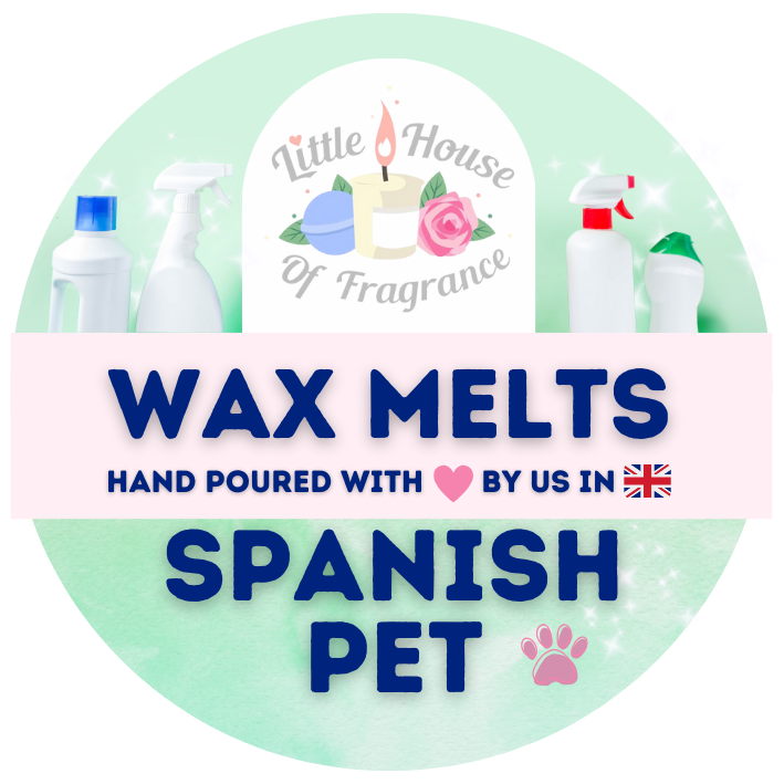 Circular logo with household spray bottles on either side. Text: "Wax Melts," "Hand poured with love by us in the UK," and "Spanish Pet." Candle and rose graphic above.