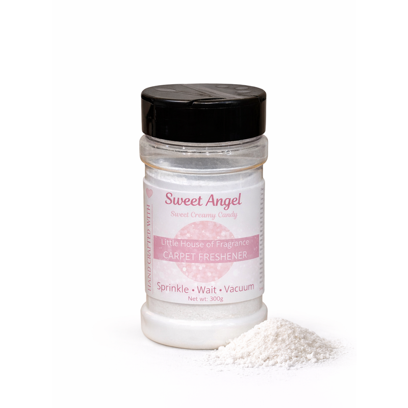 Sweet Angel carpet freshener 300g by Little House of Fragrance in shaker jar on white background