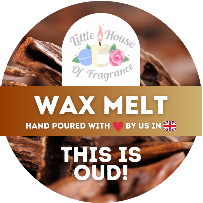 Circular label for a wax melt with the text "Little House of Fragrance" above "Wax Melt." A heart and UK flag signify it is hand-poured in the UK. Text reads, "This is Oud!" Background shows close-up of oud wood.