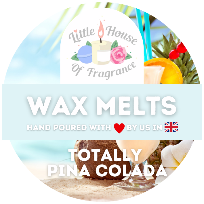 Circular label for "Little House of Fragrance" features a tropical beach scene with a piña colada, promoting hand-poured wax melts made in the UK.