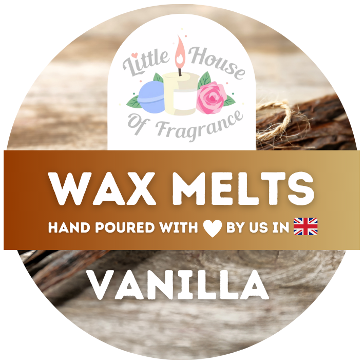 Round label for Little House of Fragrance. Features a vanilla background and a lit candle with flowers. Text: "Wax Melts, Hand Poured with Love by Us in [UK Flag]. Vanilla."