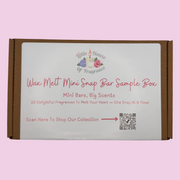 Box with a label reading "Wax Melt Mini Snap Bar Sample Box," featuring the "Little House of Fragrance" logo. Includes a QR code for shopping.