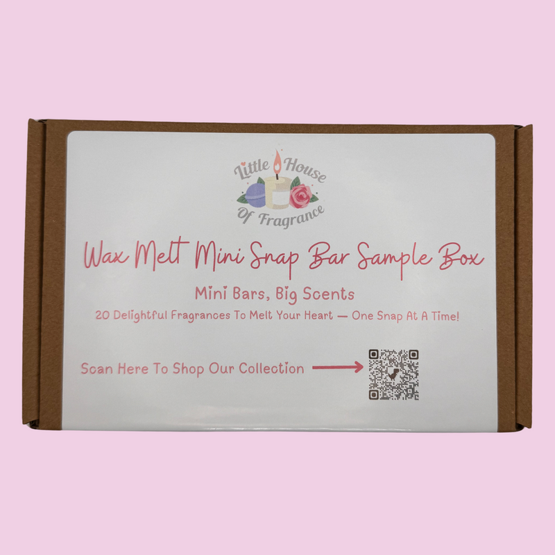 Box with a label reading "Wax Melt Mini Snap Bar Sample Box," featuring the "Little House of Fragrance" logo. Includes a QR code for shopping.