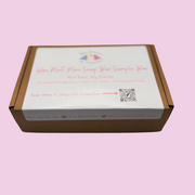 A cardboard box labeled "Wax Melt Mini Snap Bar Sample Box" sits on a pink background. Text highlights soy blend wax, love in hand-poured with love, 15g per bar and a QR code for shopping.