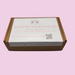 A cardboard box labeled "Wax Melt Mini Snap Bar Sample Box" sits on a pink background. Text highlights soy blend wax, love in hand-poured with love, 15g per bar and a QR code for shopping.