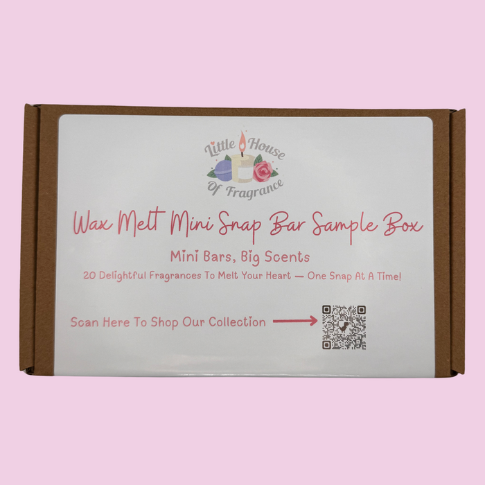 Box with a label reading "Wax Melt Mini Snap Bar Sample Box," featuring the "Little House of Fragrance" logo. Includes a QR code for shopping.