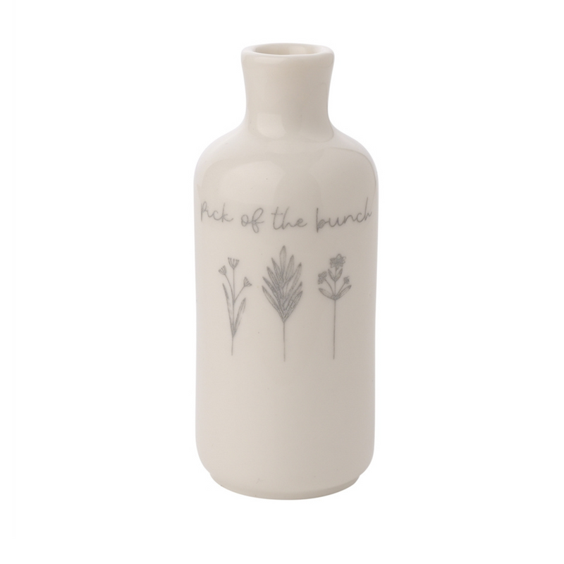 A white ceramic mini vase featuring minimalist sketches of three flowers and the phrase "Pick of the bunch." The design conveys simplicity and elegance.