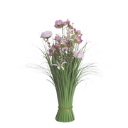 A bouquet of pink and purple rose flowers with delicate petals is surrounded by green grass-like leaves. The stems are tied with a woven band, creating a fresh, elegant display.
