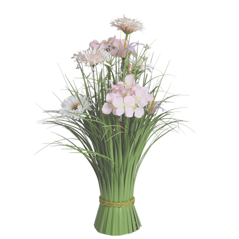 A bouquet of assorted pink and white flowers with green stems, tied together with a green twine.