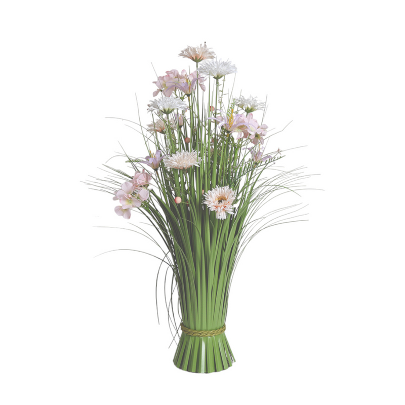 A bouquet of Hydrangea Mix Artificial Faux Floral Bundle Arrangement. Delicate white and pink flowers with green grasses, tied at the base with twine. The arrangement appears fresh and elegant.