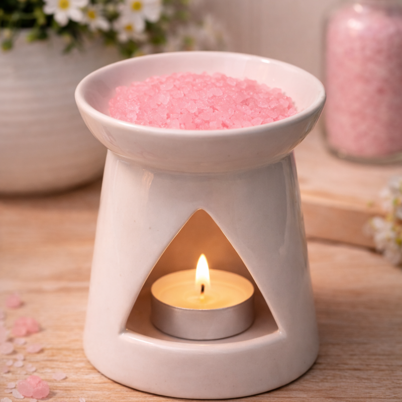 Wax melt burner with pink fragrance sizzlers in dish, home fragrance scene