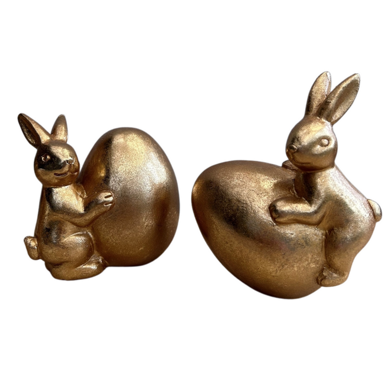 Set of Two Gold Bunny Rabbits Holding Eggs Ornaments
