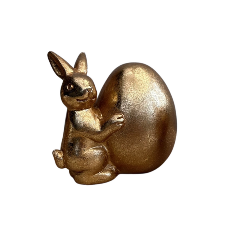 Set of Two Gold Bunny Rabbits Holding Eggs Ornaments