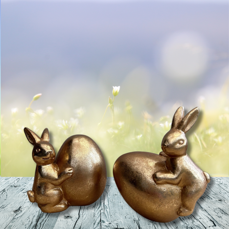Set of Two Gold Bunny Rabbits Holding Eggs Ornaments