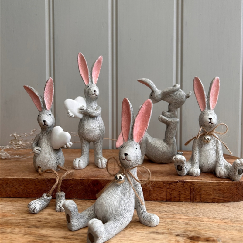 Sitting Grey Bunny Rabbit Ornament With Jute Bow