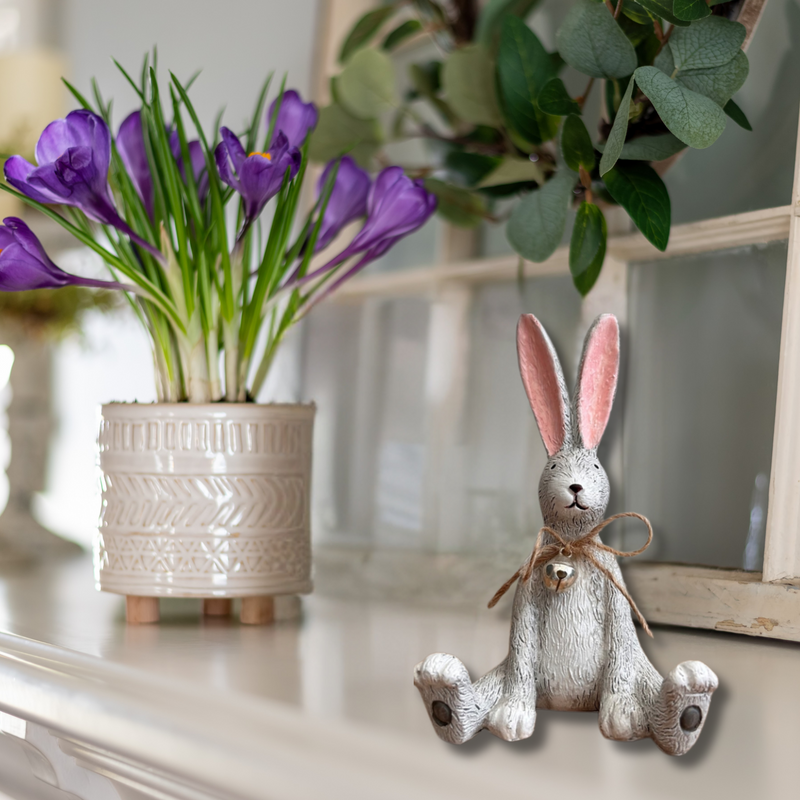 Sitting Grey Bunny Rabbit Ornament With Jute Bow