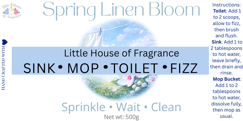 Little House of Fragrance Spring Linen Bloom Sink, Mop and Toilet Fizz Cleaner 500g