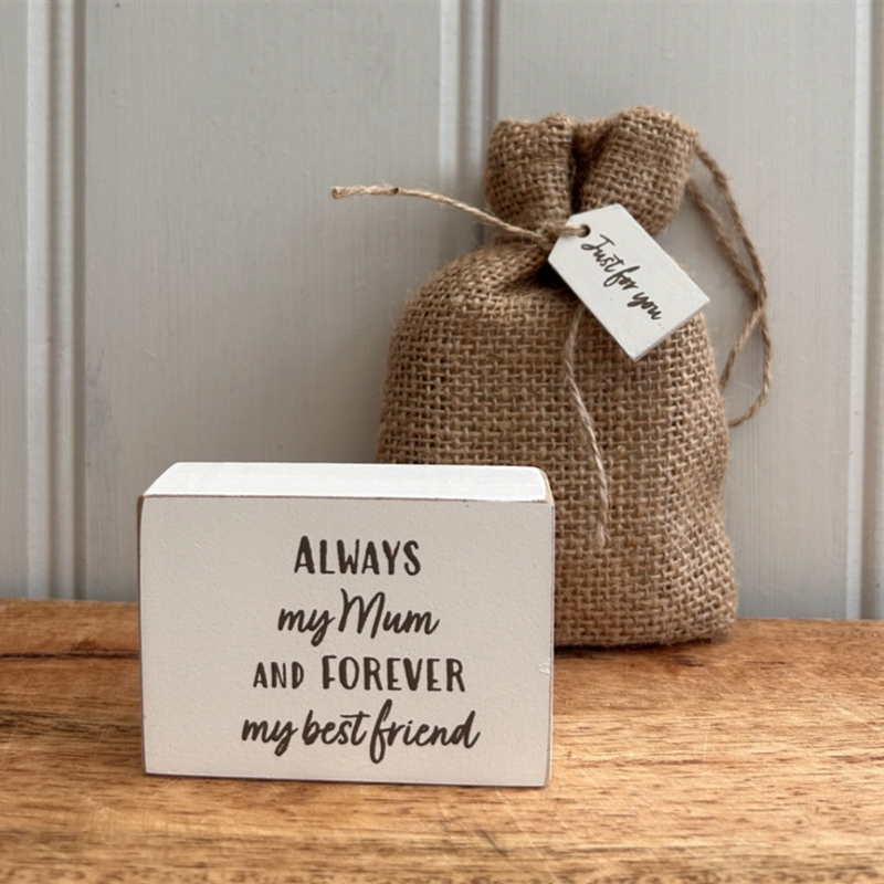 'Mum' Small Wooden Gratitude Block with Hessian Giftbag