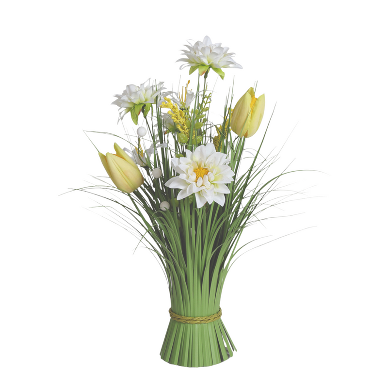 A bouquet of yellow tulips and white sakura, surrounded by green grass-like foliage, tied together at the base. The arrangement is fresh and elegant.
