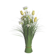 A bouquet of yellow tulips and white sakura, surrounded by green grass-like foliage, tied together at the base. The arrangement is fresh and elegant