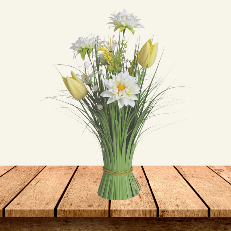 Yellow and White Tulip and Sakura Artificial Faux Floral Bundle Arrangement 40cm