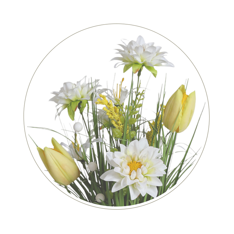Yellow and White Tulip and Sakura Artificial Faux Floral Bundle Arrangement 40cm