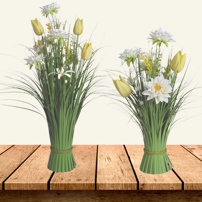 Yellow and White Tulip and Sakura Artificial Faux Floral Bundle Arrangement 60cm
