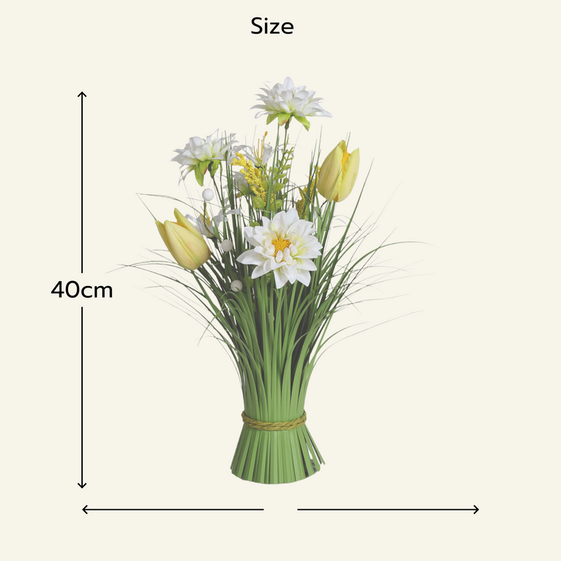 Yellow and White Tulip and Sakura Artificial Faux Floral Bundle Arrangement 40cm