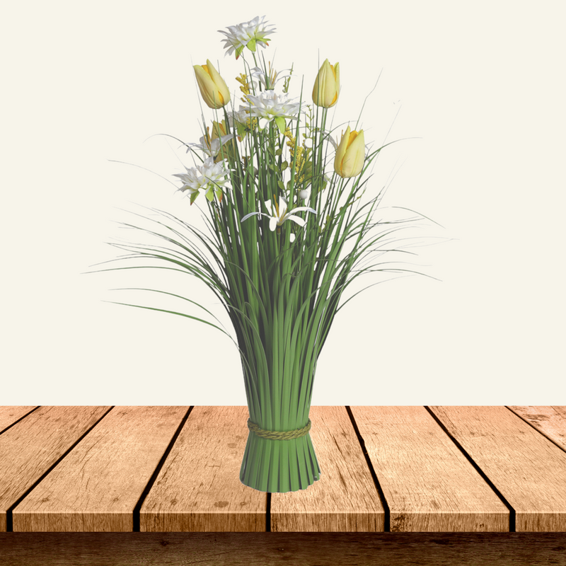Yellow and White Tulip and Sakura Artificial Faux Floral Bundle Arrangement 60cm