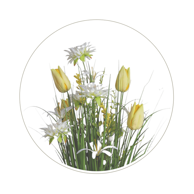 Yellow and White Tulip and Sakura Artificial Faux Floral Bundle Arrangement 60cm