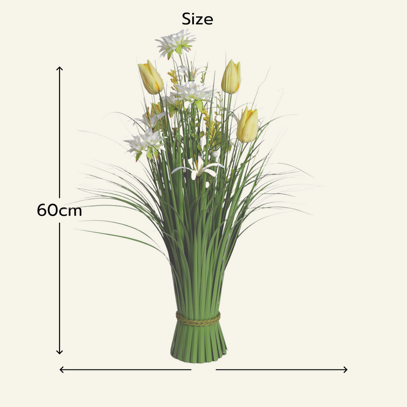 Yellow and White Tulip and Sakura Artificial Faux Floral Bundle Arrangement 60cm