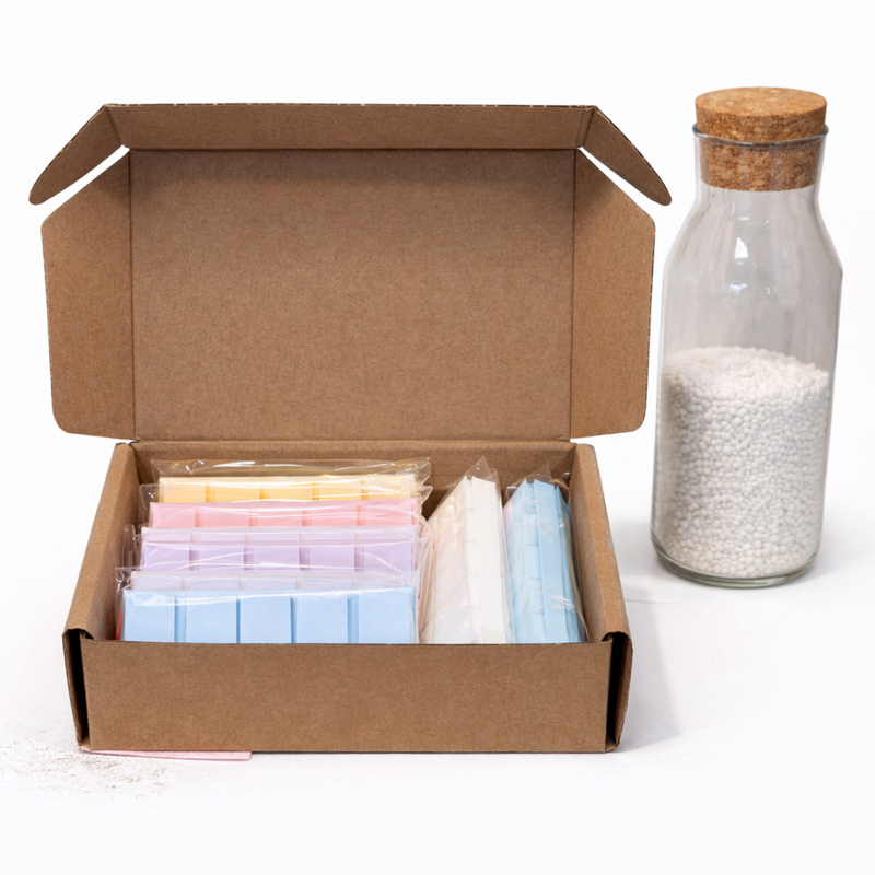 Laundry and clean wax melt box showing snap bar wax melts inside