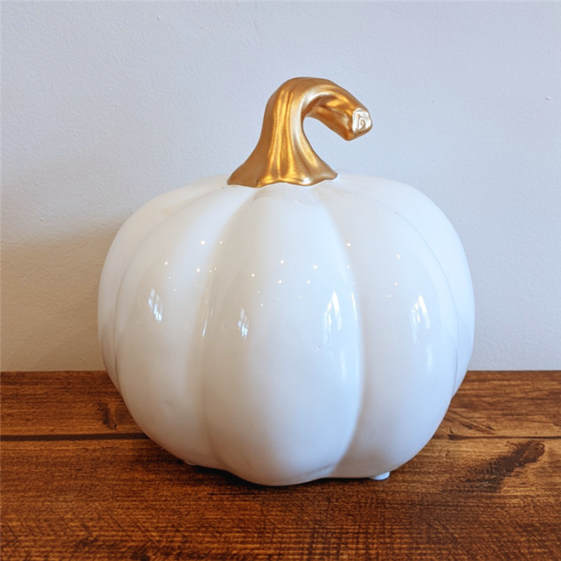 White Ceramic Pumpkin With Gold Stalk (3 Sizes Available)